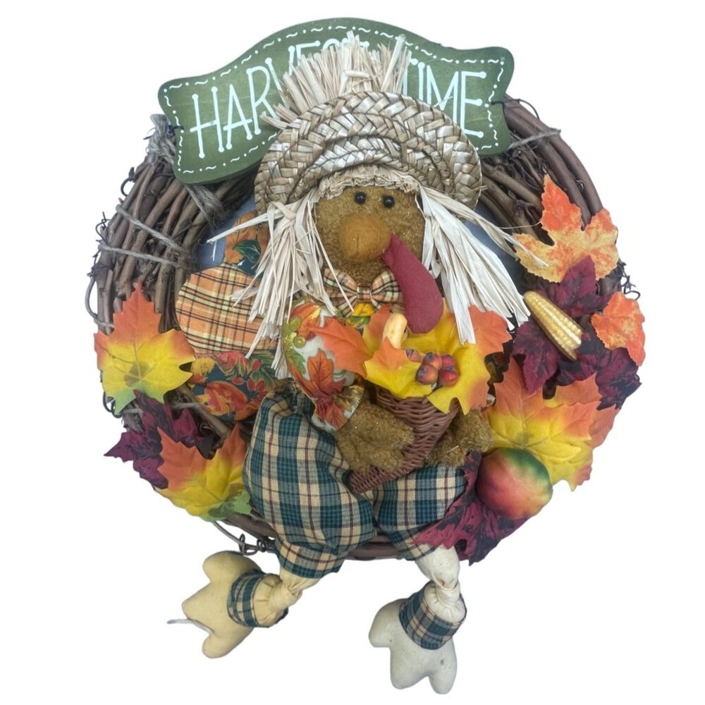 fall thanksgiving wreath harvest time plush turkey orange leaf plaid corn READ
